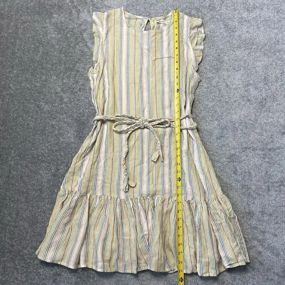 Marine Layer Dress Womens Medium Cream Pastel Stripes Tiered Ruffle Linen Belted - Picture 7 of 8